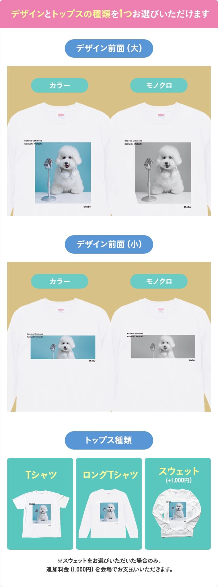 デザインとトップスの種類を１つお選びいただけます。トップス種類：Tシャツ、ロングTシャツ、スウェット（スウェットをお選びいただいた場合のみ追加料金1000円を会場でお支払いいただきます。）