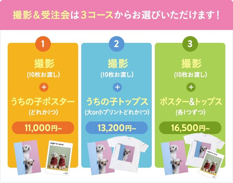 撮影&受注会は3コースからお選びいただけます!1撮影(データ:10枚)+うちの子ポスター 11,000円,2,撮影(データ:10枚)+うちの子トップス制作 13,200円 3,撮影(データ:10枚)+ポスター&トップス制作 16,500円