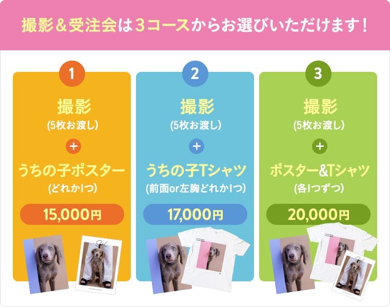 撮影&受注会は3コースからお選びいただけます!1撮影(データ:5枚)+うちの子ポスター 15,000円,2,撮影(データ:5枚)+うちの子Tシャツ制作 17,000円 3,撮影(データ:5枚)+ポスター&Tシャツ制作 20,000円