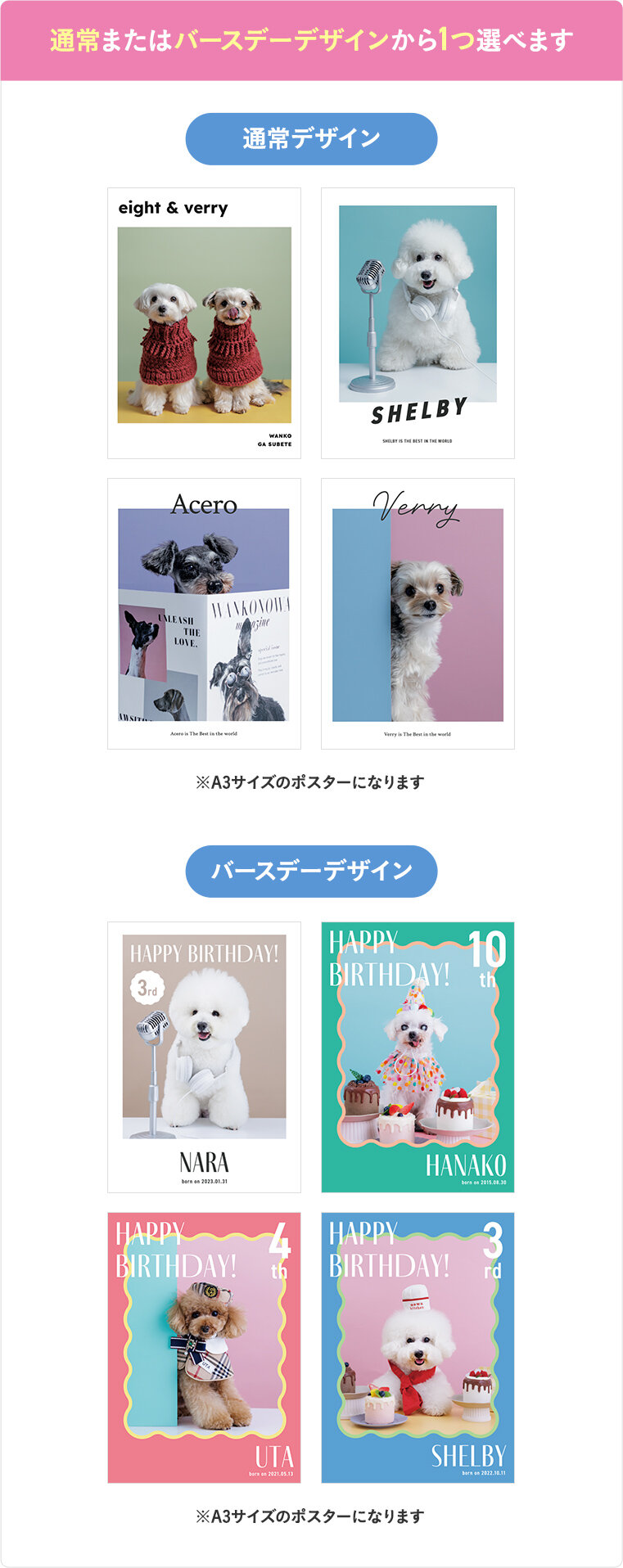 通常またはバースデーデザインから1つ選べます（A3サイズのポスターになります）