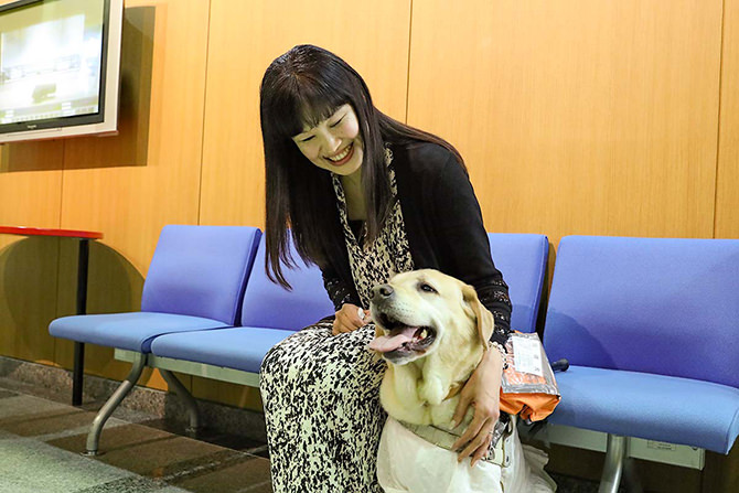 盲導犬アリエルちゃんを見ながら笑う鈴木加奈子さんの写真