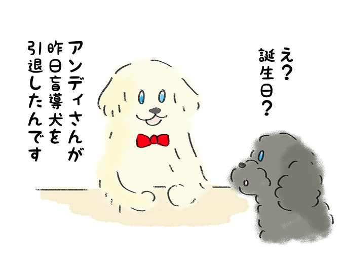 「え？誕生日？」「アンディさんが昨日盲導犬を引退したんです」