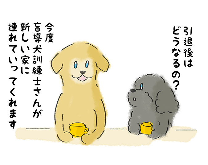 「引退後はどうなるの？」「今後盲導犬訓練士さんが新しい家に連れていってくれます」