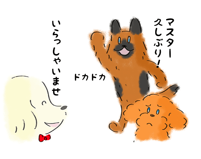 「マスター久しぶり！」ドカドカ「いらっしゃいませ」