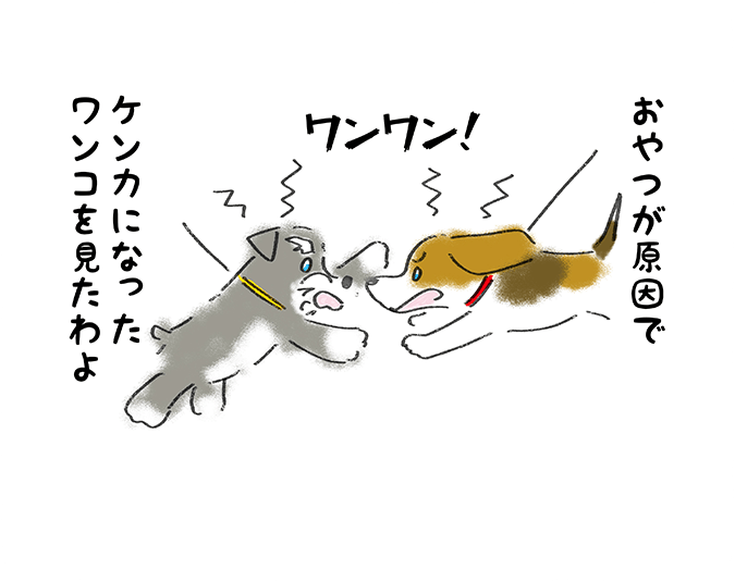 「おやつが原因でケンカになったワンコを見たわよ」
