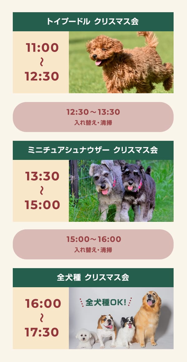 トイプードル クリスマス会11:00〜12:30、入れ替え・清掃12:30〜13:30、ミニチュアシュナウザー クリスマス会13:30〜15:00、入れ替え・清掃15:00〜16:00、全犬種 クリスマス会16:00〜17:30