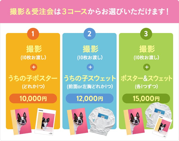 撮影＆受注会は3コースからお選びいただけます！1撮影（データ：10枚）＋うちの子ポスター 10,000円,2,撮影（データ：10枚）＋うちの子スウェット制作 12,000円 3,撮影（データ：10枚）＋ポスター＆スウェット制作 15,000円